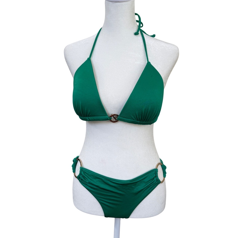 Victoria's Secret Green Triangle Bikini Gold‎ Ring Halter Top Bottoms M Y2K Sexy